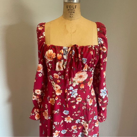 SHEIN- SZ M Maroon Floral Print Square Neck Flounce Sleeve Split Thigh Dress - Picture 4 of 7